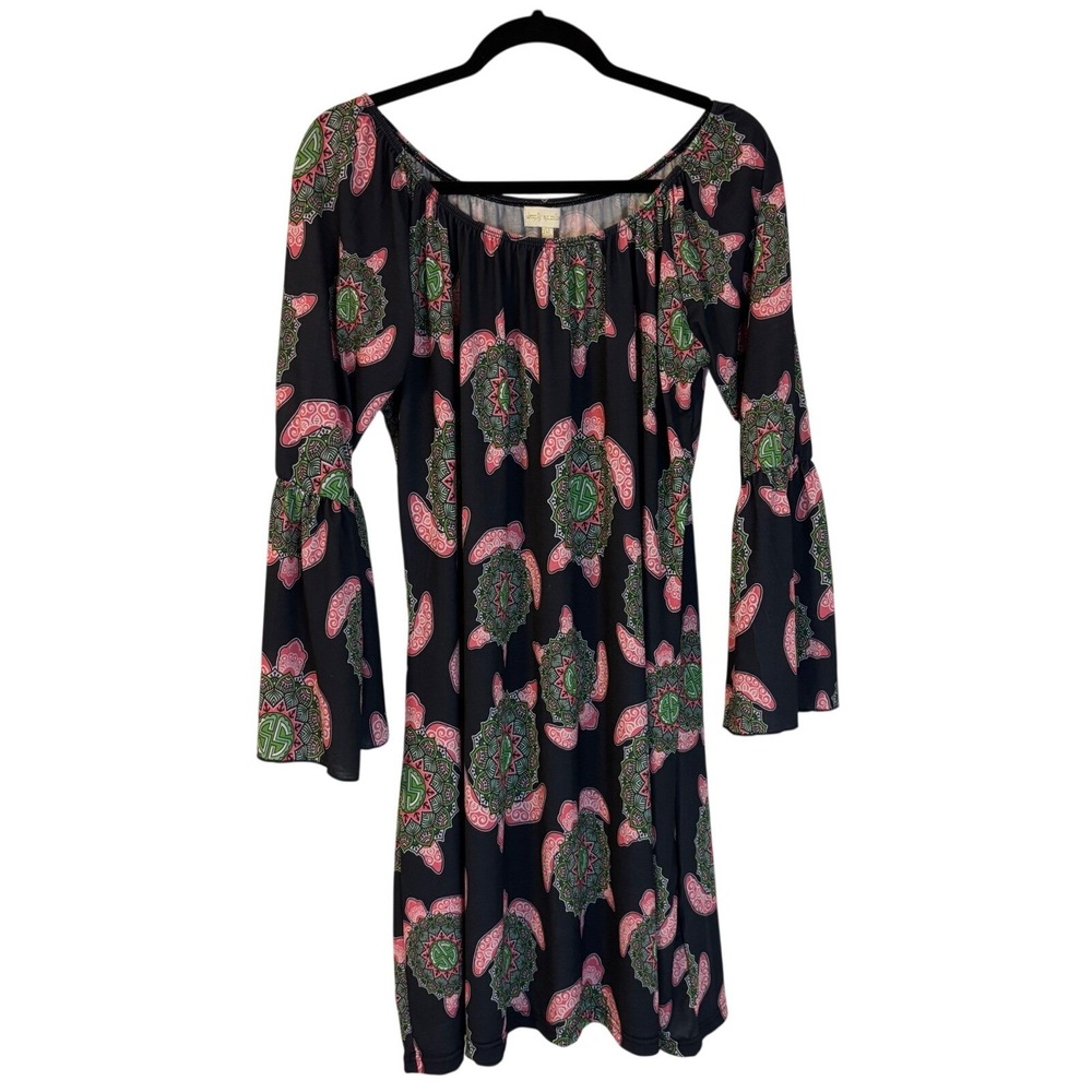 Simply Southern Sea Turtle Mandala AOP Bell Sleeve Dress Navy Pink Green 2XL